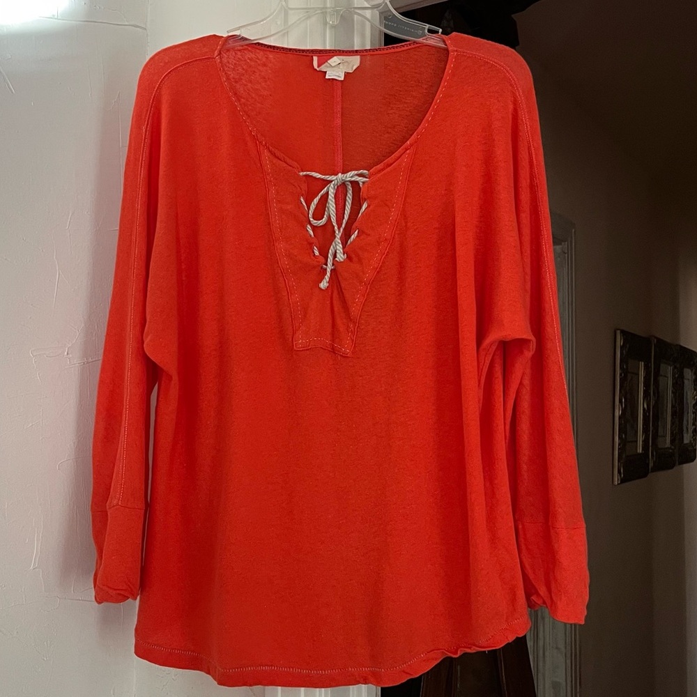 Anthropologie | Red Linen/Cotton Pullover Top lace up front Drop Shoulder